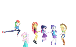 Size: 1920x1200 | Tagged: safe, artist:puzzlshield2, derpibooru import, applejack, fluttershy, rainbow dash, rarity, sci-twi, sunset shimmer, twilight sparkle, better together, do it for the ponygram!, equestria girls, g4, 3d, 3d render, freeze frame, jumping, mmd, outline, png, ponygram, recreation, shy, simple background, transparent background