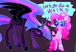 Size: 2048x1421 | Tagged: safe, artist:petaltwinkle, derpibooru import, pinkie pie, twilight sparkle, twilight sparkle (alicorn), alicorn, earth pony, pony, g4, alternate accessories, big eyes, black wings, blue eyelashes, blue pupils, blue sclera, collar, colored eyelashes, colored pupils, colored sclera, colored wings, crown, curly hair, curly mane, curly tail, dark coat, dialogue, duo, duo female, ear piercing, earring, ethereal mane, ethereal tail, female, floating crown, flowing mane, flowing tail, frown, glowing, glowing mane, glowing tail, gradient mane, gradient tail, height difference, hoof shoes, hooped earrings, horn, jewelry, leash, lesbian, long horn, long mane, looking at someone, looking away, mare, necklace, nightmare twilight, nightmarified, piercing, pink coat, pink mane, pink tail, pouting, princess shoes, purple background, purple coat, purple eyelashes, purple eyes, raised hoof, raised leg, regalia, shiny eyes, shipping, simple background, slender, sparkly eyes, sparkly mane, sparkly tail, speech bubble, spread wings, standing, standing on three hooves, tail, talking, tall, text, thin, three toned mane, three toned tail, twinkie, wall of tags, wingding eyes, wings