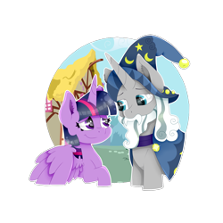 Size: 2000x2000 | Tagged: safe, artist:kathepart, derpibooru import, star swirl, star swirl the bearded, twilight sparkle, twilight sparkle (alicorn), alicorn, unicorn, duo, duo male and female, female, horn, looking at each other, looking at someone, male, ponyville, simple background, transparent background