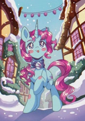 Size: 1444x2048 | Tagged: safe, artist:pierogarts, derpibooru import, pony, unicorn, horn, snow, snowcatcher, solo