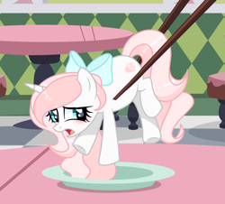 Size: 1170x1058 | Tagged: safe, artist:michiharas, derpibooru import, oc, oc:sweetheart, pony, unicorn, bow, chopsticks, female, hair bow, horn, mare, micro, solo