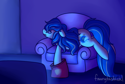 Size: 4500x3000 | Tagged: safe, artist:fannytastical, derpibooru import, oc, oc only, oc:snooze button, earth pony, g4, armchair, bag, chair, colored, dark, earth pony oc, eyebrows, eyebrows visible through hair, eyes closed, female, implied sleep deprivation, long tail, mare, sleeping, solo, striped mane, striped tail, tail, television, unusual sleeping position