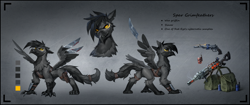 Size: 3845x1608 | Tagged: safe, artist:ramiras, derpibooru import, oc, oc:spar grimfeathers, griffon, fallout equestria, amputee, blade, claws, cybernetic eyes, ears back, holster, leather, leather straps, looking at you, prosthetic eye, prosthetics, reference sheet, simple background, straps, weapon, wingblade