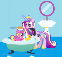 Size: 1024x933 | Tagged: safe, artist:wesleyabram, derpibooru import, princess cadance, princess skyla, alicorn, pony, bath, bath time, bathtub, brush, cute, duo, female, filly, foal, glowing, glowing horn, horn, looking at each other, looking at someone, mare, mirror, mother and child, mother and daughter, open mouth, open smile, parent and child, rubber duck, scrubbing, sink, smiling, smiling at each other