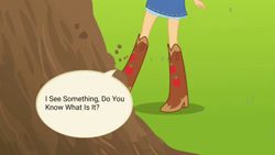 Size: 1192x670 | Tagged: safe, artist:conorlordofcreation, derpibooru import, edit, edited screencap, editor:conorlordofcteation, screencap, applejack, human, equestria girls, g4, boots, clothes, cowboy boots, dirt mound, high heel boots, kicking, shoes, skirt, solo, speech bubble