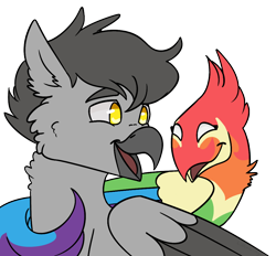 Size: 1000x926 | Tagged: safe, artist:hiddenfaithy, derpibooru import, oc, oc only, oc:chroma dust, oc:grey the griffon, griffon, phoenix, commission, duo, looking at each other, looking at someone, simple background, smiling, smiling at each other, transparent background