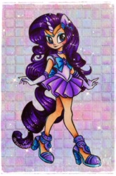 Size: 2072x3136 | Tagged: safe, artist:dariarchangel, derpibooru import, rarity, human, equestria girls, g4, blue eyes, blue eyeshadow, bow, choker, clothes, crossover, cute, ear piercing, earring, element of generosity, eyeshadow, female, gem, gemstones, gloves, graceful, high heels, horn, horned humanization, human coloration, humanized, jewelry, long gloves, long hair, long legs, makeup, miniskirt, piercing, ponied up, purple hair, raribetes, sailor moon (series), sailor rarity, sailor senshi, sailor uniform, shoes, skirt, smiling, sparkles, thin, tiara, traditional art, uniform