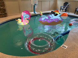 Size: 1280x960 | Tagged: safe, edit, editor:undeadponysoldier, photographer:undeadponysoldier, pinkie pie, rainbow dash, augmented reality, basketball, basketball hoop, beach ball, chair, edited photo, floating, floaty, goggles, indoor swimming pool, indoors, inner tube, opaque inflatable, ponies in real life, pool noodle, pool toy, snorkel, straw, sunglasses, swimming pool, translucent inflatable, water, wet, wet mane