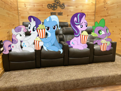 Size: 1280x960 | Tagged: safe, editor:undeadponysoldier, photographer:undeadponysoldier, rarity, spike, starlight glimmer, sweetie belle, trixie, dragon, pony, unicorn, best friends, chair, cinema, cute, eating, edited photo, female, filly, foal, hanging out, happy, looking at each other, male, mare, movie night, ponies in real life, popcorn, sharing, sitting, the cmc's cutie marks