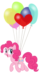 Size: 3000x5700 | Tagged: safe, artist:ohitison, derpibooru import, pinkie pie, earth pony, pony, g4, it's about time, balloon, female, floating, heart, heart balloon, looking to side, looking to the right, mare, open mouth, simple background, solo, then watch her balloons lift her up to the sky, transparent background, vector