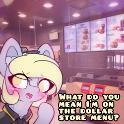 Size: 4096x4096 | Tagged: safe, artist:sodapop sprays, derpibooru import, part of a set, derpy hooves, pegasus, pony, series:derpy can't catch a break, blushing, chest fluff, clothes, ear fluff, ears, eye clipping through hair, fast food, female, food, freckles, looking at you, mare, mcdonald's, meme, solo, text