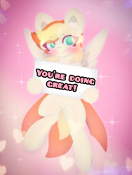 Size: 4096x5460 | Tagged: safe, artist:sodapop sprays, derpibooru import, oc, oc only, oc:sodapop sprays, pegasus, pony, eye clipping through hair, flying, holding sign, looking at you, motivation, motivational, motivational poster, smiling, smiling at you, solo, spread wings, uplifting, wings