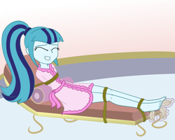 Size: 2500x2000 | Tagged: safe, artist:nie-martw-sie-o-mnie, derpibooru import, part of a set, sonata dusk, human, equestria girls, g4, bathrobe, bondage, clothes, eyes closed, feather, feet, foot tickling, robe, rope, rope bondage, solo, spa, tickling, tied down