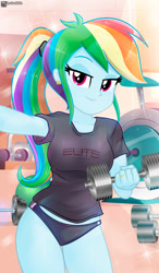 Size: 576x986 | Tagged: safe, artist:charliexe, derpibooru import, dumbbell, rainbow dash, human, equestria girls, g4, 2d, bangs, bedroom eyes, breasts, clothes, ear piercing, earring, female, gym, hairband, indoors, jewelry, legs, lidded eyes, looking at you, multicolored hair, piercing, ponytail, rainbow hair, shirt, short sleeves, sideburns, smiling, smiling at you, smirk, solo, sports panties, thighs, weights