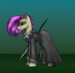 Size: 2800x2700 | Tagged: safe, artist:darklight1315, derpibooru import, oc, oc only, oc:melony trust, earth pony, pony, fallout equestria, blade, clothes, concept art, fallout equestria: mayday, shirt, solo, trenchcoat