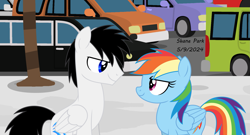 Size: 2233x1210 | Tagged: safe, artist:creedyboy124, derpibooru import, rainbow dash, oc, oc:shane park, pegasus, pony, g4, base used, canon, car, duo, duo male and female, female, male, mare, pegasus oc, sidewalk, stallion, wings