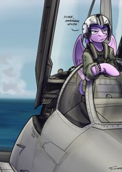 Size: 642x900 | Tagged: safe, artist:buckweiser, derpibooru import, oc, oc only, oc:plumeria petal, pegasus, pony, female, fighter pilot, fighter plane, helmet, jet, jet fighter, mare, ocean, solo, text, water