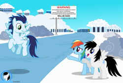 Size: 10000x6774 | Tagged: safe, artist:creedyboy124, derpibooru import, rainbow dash, soarin', oc, oc:shane park, pegasus, pony, g4, base used, billboard, building, canon, cloudsdale, female, flying, male, mare, pegasus oc, stallion, stallion oc, trio, vector used, wings