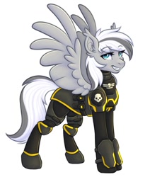 Size: 739x900 | Tagged: safe, artist:mxysrt, derpibooru import, oc, oc:silver edge, pegasus, pony, armor, female, helldivers 2, mare, simple background, spread wings, white background, wings