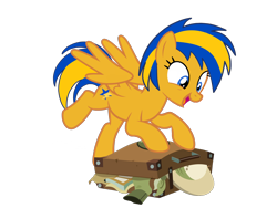 Size: 2048x1536 | Tagged: safe, artist:mlpfan3991, artist:ry-bluepony1, derpibooru import, oc, oc only, oc:flare spark, pegasus, pony, g4, daring do costume, female, mare, simple background, solo, suitcase, transparent background