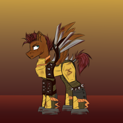 Size: 3000x3000 | Tagged: safe, artist:darklight1315, derpibooru import, oc, oc only, oc:shlam, pegasus, pony, fallout equestria, armor, blade, eye scar, facial scar, fallout equestria: mayday, raider armor, scar, solo, spikes, weapon, wingblade