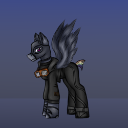 Size: 3000x3000 | Tagged: safe, artist:darklight1315, derpibooru import, oc, oc only, oc:sluggish rain, pegasus, pony, fallout equestria, aviator goggles, balaclava, boots, clothes, concept art, fallout equestria: mayday, gloves, goggles, jacket, pants, rainbow tail, shoes, solo, spread wings, sweater, tail, turtleneck, wings