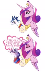 Size: 1204x1920 | Tagged: safe, artist:rachel-morrigan, derpibooru import, princess cadance, shining armor, alicorn, pony, unicorn, blushing, compliment, crossing the memes, duo, female, folded wings, horn, i'm not calling you good boy, jewelry, male, mare, meme, messy mane, peytral, praise, shiningcadance, shipping, simple background, stallion, straight, subverted meme, the bride and the ugly ass groom, tiara, white background, wings