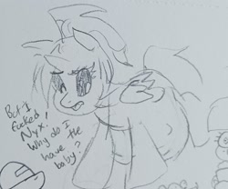 Size: 1763x1468 | Tagged: safe, artist:pony quarantine, derpibooru import, oc, oc only, oc:dyx, alicorn, pony, dialogue, female, filly, foal, implied incest, implied lesbian, implied sex, looking back, pregnant, pregnant foal, sketch, solo, vulgar