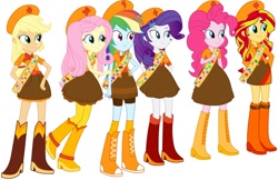 Size: 736x476 | Tagged: safe, derpibooru import, applejack, fluttershy, pinkie pie, rainbow dash, rarity, sunset shimmer, equestria girls, g4, boots, clothes, cowboy boots, cowboy hat, fireside girls, hat, high heel boots, jacket, phineas and ferb, scout, scout uniform, shirt, shoes, simple background, skirt, socks, solo, vest, white background