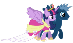 Size: 1000x582 | Tagged: safe, derpibooru import, edit, star hunter, twilight sparkle, twilight sparkle (alicorn), alicorn, pegasus, pony, g4, big crown thingy, clothes, coronation dress, dress, duo, duo male and female, element of magic, female, jewelry, male, mare, regalia, shipping, simple background, sparklehunter, spread wings, stallion, straight, transparent background, twihunter, vector, vector edit, walking, wings