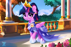 Size: 2400x1600 | Tagged: safe, artist:darksly, derpibooru import, twilight sparkle, twilight sparkle (alicorn), alicorn, pony, g4, the last problem, blushing, clothes, coronation dress, crown, cute, dress, elegant, female, folded wings, gown, hoof shoes, horn, jewelry, mare, outdoors, princess shoes, raised hoof, raised leg, regal, regalia, second coronation dress, smiling, solo, sparkles, tree, twiabetes, walking, wings