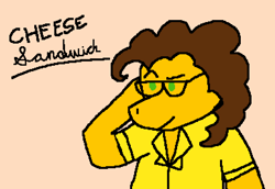 Size: 3850x2650 | Tagged: safe, artist:44nifty, derpibooru import, cheese sandwich, earth pony, pony, autograph, beige background, cursive writing, digital art, drawing of a photo, eyebrows, glasses, parody, pixel art, raised eyebrow, simple background, solo, weird al yankovic