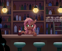 Size: 2000x1669 | Tagged: safe, artist:luxsimx, derpibooru import, oc, oc only, oc:serenity nonpareil, pony, alcohol, bar, barstool, bartender, bottle, cup, cute, cute little fangs, drink, fangs, martini glass, silhouette, solo