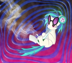 Size: 1378x1201 | Tagged: safe, artist:zomvik, derpibooru import, dj pon-3, vinyl scratch, earth pony, pony, g4, abstract background, bloodshot eyes, blue mane, blue tail, bong, drug use, drugs, gradient background, hotbox, marijuana, pipe, psychedelic, puffy eyes, red eyes, smoking, solo, sunglasses, sunglasses on head, tail, trippy, two toned mane, two toned tail, white coat