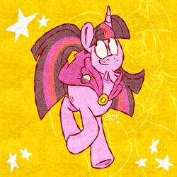 Size: 2000x2000 | Tagged: safe, alternate version, artist:atomicomium, derpibooru import, part of a set, twilight sparkle, pony, unicorn, g4, alternate hairstyle, beard, cloak, clothes, facial hair, goatee, horn, nonbinary, nonbinary pride flag, pride, pride flag, pride flag pin, purple coat, purple mane, purple tail, screen printing, solo, strutting, tail, transmasculine, two toned mane