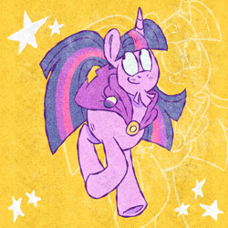 Size: 2000x2000 | Tagged: safe, alternate version, artist:atomicomium, derpibooru import, part of a set, twilight sparkle, pony, unicorn, g4, alternate hairstyle, beard, cloak, clothes, facial hair, goatee, horn, nonbinary, nonbinary pride flag, pride, pride flag, pride flag pin, purple coat, purple mane, purple tail, screen printing, solo, strutting, tail, transmasculine, two toned mane