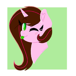 Size: 1750x1750 | Tagged: safe, artist:fannytastical, derpibooru import, oc, pony, unicorn, ;p, blush lines, blushing, brown mane, bust, colored, commission, commissioner:cookiecakearts, detached eyelashes, female, female oc, flat colors, green tongue, horn, looking at you, mare, one eye closed, pink coat, pixel-crisp art, portrait, solo, tongue, tongue out, unicorn oc, wink, winking at you