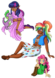 Size: 1749x2481 | Tagged: safe, artist:rockmangurlx, derpibooru import, pinkie pie, rainbow dash, spike, twilight sparkle, dragon, human, g4, abs, athletic, dark skin, elf ears, female, gerudo, humanized, hylian, kokiri, light skin, male, midriff, moderate dark skin, simple background, the legend of zelda, white background