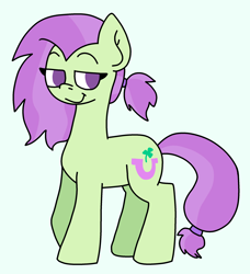 Size: 2165x2370 | Tagged: safe, artist:naggfruit, derpibooru import, oc, oc only, oc:lavender charm, earth pony, pony, g4, colored, crack ship offspring, earth pony oc, eyelashes, female, female oc, flat colors, green coat, lidded eyes, mare, mare oc, no catchlights, no pupils, offspring, parent:marble pie, parent:trouble shoes, parents:marbleshoes, ponytail, purple eyes, purple mane, purple tail, raised eyebrows, simple background, smiling, smirk, solo, standing, tail, tied mane, tied tail, two toned mane, two toned tail