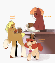 Size: 1741x1977 | Tagged: safe, artist:aztrial, derpibooru import, apple bloom, applejack, big macintosh, earth pony, pony, g4, alternate design, alternate name, alternate universe, apple siblings, apple sisters, blaze (coat marking), brother and sister, coat markings, facial markings, female, filly, foal, head carry, looking up, male, mare, name, open mouth, open smile, siblings, simple background, sisters, smiling, socks (coat marking), stallion, tooth gap, trio, white background