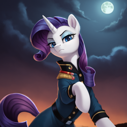 Size: 2048x2048 | Tagged: safe, ai content, derpibooru import, generator:stable diffusion, machine learning generated, rarity, pony, unicorn, g4, blue coat, female, horn, looking at you, military, night, prompter:lost conn, solo, world war i