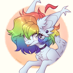 Size: 2802x2802 | Tagged: safe, artist:viryav, derpibooru import, oc, oc only, oc:virus yoru, oc:virya, pegasus, pony, ahoge, big ears, big eyes, blue coat, chest fluff, choker, circle background, colored pupils, cute, cute little fangs, ear fluff, ear piercing, earring, ears, eye clipping through hair, eyebrows, eyebrows visible through hair, fangs, female, fluffy, fluffy mane, freckles, gauges, gray eyes, gray pupils, happy, jewelry, light blue coat, looking at you, mare, multicolored hair, not rainbow dash, partially open wings, piercing, rainbow hair, shiny mane, simple background, sketch, slender, smiling, smiling at you, solo, tall ears, thick eyelashes, thin, tihn legs, tongue, tongue out, wing fluff, wings