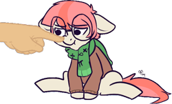 Size: 598x360 | Tagged: safe, artist:mt, derpibooru import, edit, editor:anonymous, oc, oc only, oc:spritz, earth pony, human, pony, boop, brown sweater, clothes, colored, colt, cropped, duo, earth pony oc, finger, foal, glasses, green scarf, hand, male, male oc, nerd pony, sad, scarf, simple background, sweater, transparent background