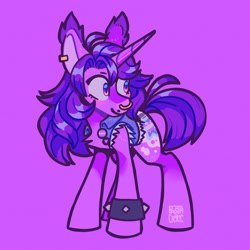 Size: 1280x1280 | Tagged: safe, artist:pastacrylic, derpibooru import, oc, oc only, pony, unicorn, ahoge, chest fluff, clothes, colored ear tufts, colored pinnae, commission, denim, denim jacket, ear piercing, ear tufts, earring, horn, jacket, jewelry, lip piercing, long horn, multicolored eyes, nose piercing, piercing, pride, pride flag, purple coat, purple mane, purple pupils, purple tail, septum piercing, shiny horn, shiny mane, shiny tail, signature, smiling, solo, spiked wristband, standing, tail, tall ears, transgender pride flag, unicorn oc, wristband