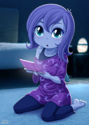 Size: 848x1200 | Tagged: safe, artist:uotapo, derpibooru import, princess luna, vice principal luna, human, equestria girls, g4, :o, barefoot, bedroom, clothes, cute, feet, female, filly, foal, gamer luna, gamer woona, indoors, looking at you, looking up, looking up at you, lunabetes, nintendo ds, o mouth, open mouth, pajamas, pants, shirt, sitting, solo, tanktop, uotapo is trying to murder us, weapons-grade cute, woona, younger