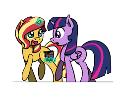 Size: 1800x1350 | Tagged: safe, artist:flutterluv, derpibooru import, sunset shimmer, twilight sparkle, twilight sparkle (alicorn), alicorn, pony, unicorn, g4, duo, duo female, female, food, horn, magic, magic aura, simple background, smiling, telekinesis, transparent background, twilight sparkle day