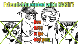 Size: 1200x675 | Tagged: safe, artist:pony-berserker, derpibooru import, rainbow dash, rarity, oc, oc:berzie, changedling, changeling, pony-berserker's twitter sketches, changedling oc, changeling oc, friendship ended with x, meme reference, partial color, pony-berserker's twitter sketches (2024)