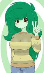 Size: 1372x2273 | Tagged: safe, artist:batipin, derpibooru import, wallflower blush, human, equestria girls, g4, 2d, adorasexy, bangs, belly, belly button, breasts, busty wallflower blush, clothes, cute, denim, eyebrows, eyebrows visible through hair, female, flowerbetes, freckles, jeans, long sleeves, looking at you, messy hair, pants, peace sign, sexy, smiling, smiling at you, solo, stupid sexy wallflower blush, sweat, sweatdrop