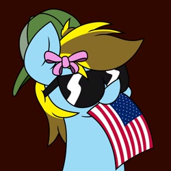 Size: 2046x2048 | Tagged: safe, artist:derpyalex2, derpibooru import, oc, oc only, oc:lucky bolt, pegasus, pony, 20% cooler, american flag, american independence day, backwards ballcap, baseball cap, bow, bust, cap, commission, cool, female, flag, hair bow, hat, portrait, proud, simple background, solo, sunglasses, united states