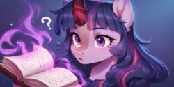 Size: 2400x1200 | Tagged: safe, ai content, derpibooru import, machine learning generated, twilight sparkle, kirin, pony, unicorn, book, explicit description, female, horn, kirin twilight, kirin-ified, long hair, magic, prompter:greesys, question mark, solo, species swap, surprised, telekinesis, three quarter view